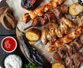 iron pot with various salads